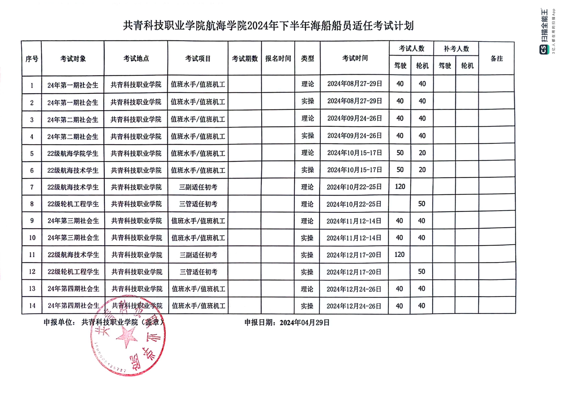 共青科技职业学院航海学院2025年下半年海船船员适任考试计划